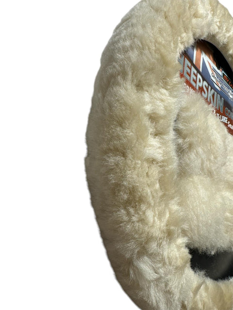 Sheepskin Steering Wheel Cover & 2x Seat Belt Pads Combo Luxury Ivory