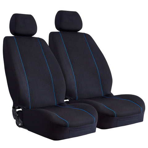 Universal Pinnacle Front Seat Covers Size 30/35 | Black/Blue Piping