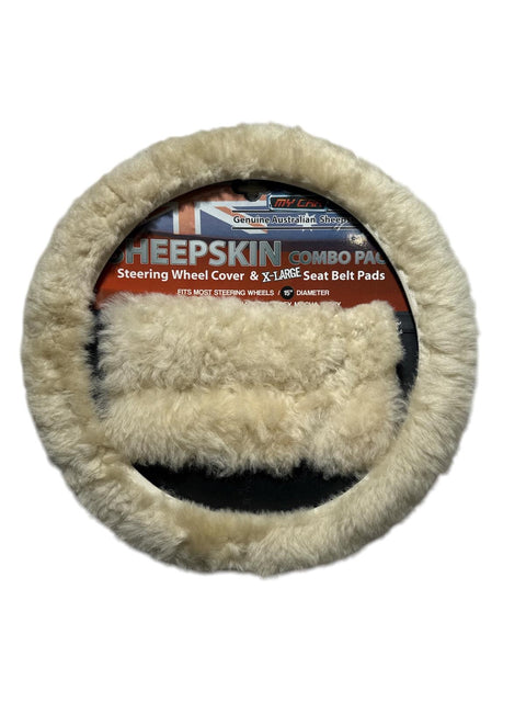 Sheepskin Steering Wheel Cover & 2x Seat Belt Pads Combo Luxury Ivory