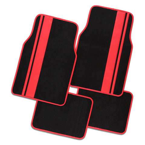 Universal Carpet 4-Piece Car Floor Mats with Red PVC Stripes - Black